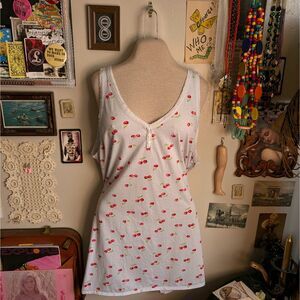 Vintage Cherry Print Mini Pajama Dress Women's XL Light Blue Henley Tank